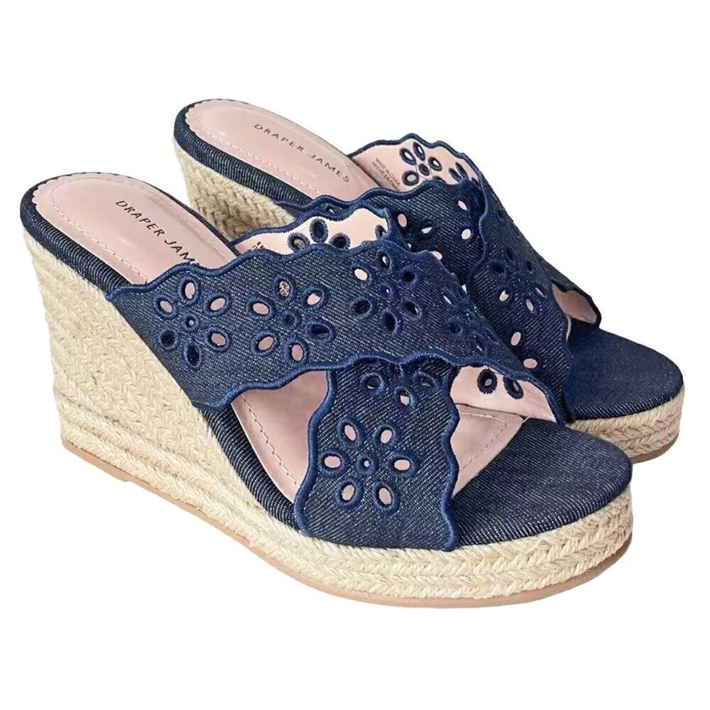 Draper James Navy Denim Floral Cutout Espadrille Wedge Sandals
